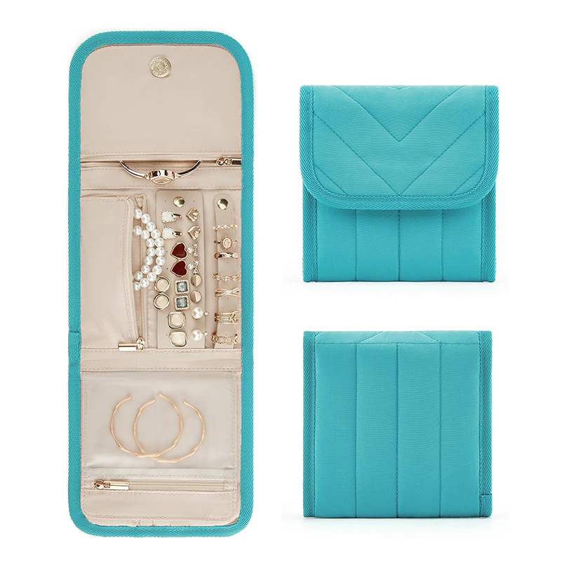 Nueva bolsa de almacenamiento de joyas de viaje, caja de almacenamiento de joyas, caja de rollo de joyería plegable, adecuada para collares y pendientes de viaje
