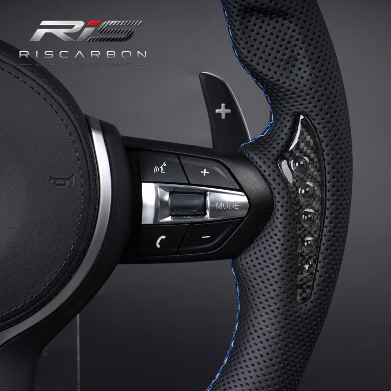 Carbon fiber steering wheel with crystal accents, flat-bottomed design, compatible with BMW F30F10F11F15F16F20F25F18