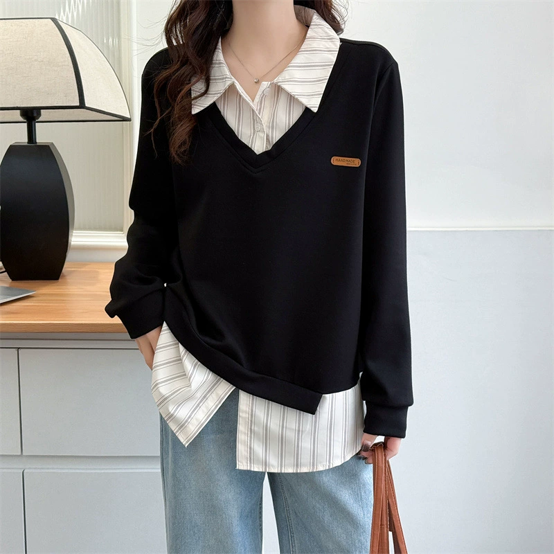 Толстая толстушка большого размера подделка 2 шт. Женская весна 2025 года с лацканом полосатый топ с длинными рукавами толстая девушка тонкая футболка 602