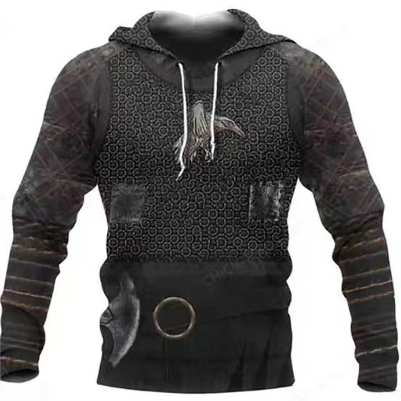 2024 Europa y América Primavera y otoño Moda nuevos hombres Viking Myth Series Cool Armor Print 3D Sudadera con capucha