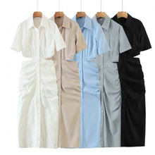 外贸跨境2025春季新款女装 欧美风时尚简约短袖露腰长款连衣裙