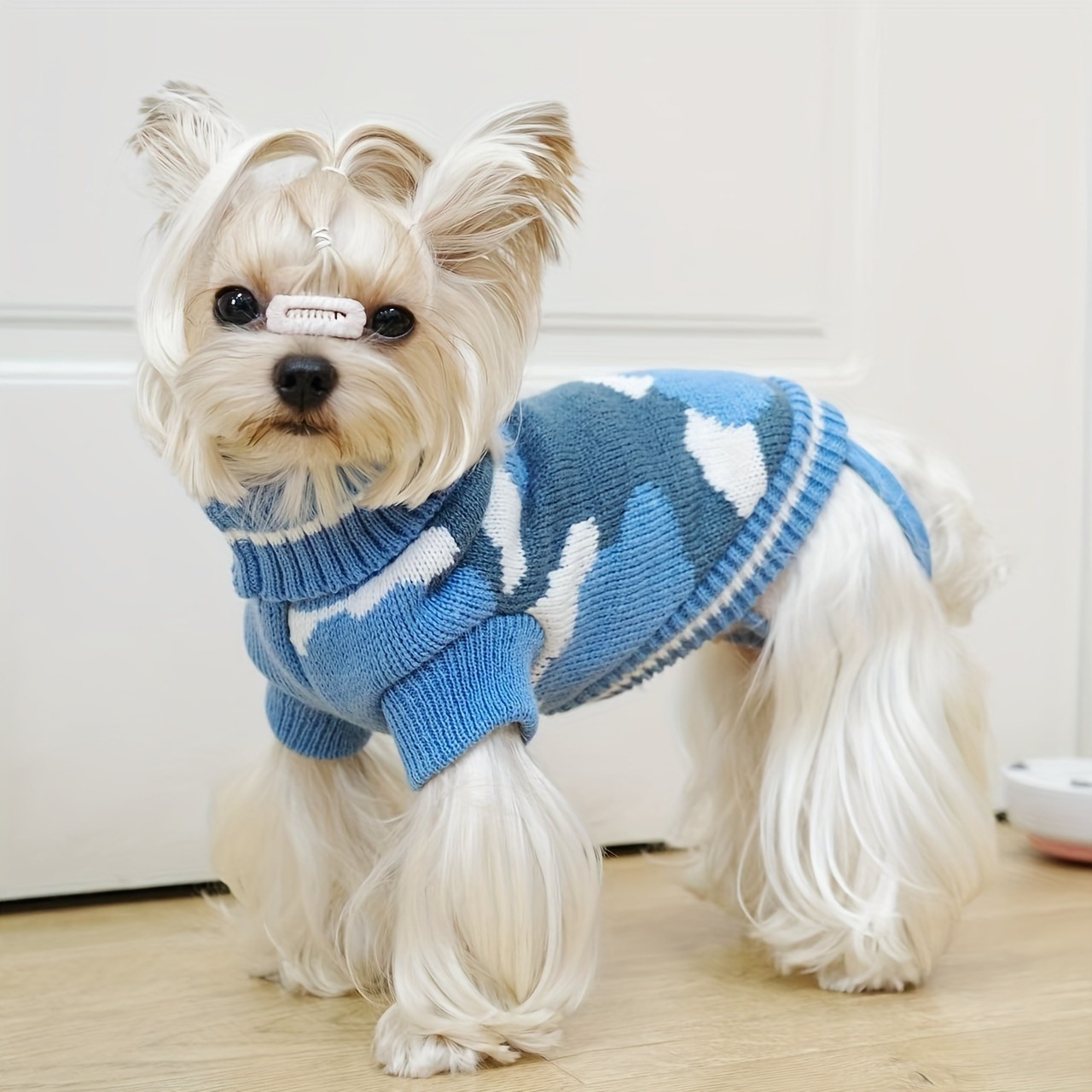 Pulover pentru câini Toamnă și iarnă Pulover tricotat Câine mic Teddy Bichon Animal de companie Haine calde Stil de camuflaj albastru