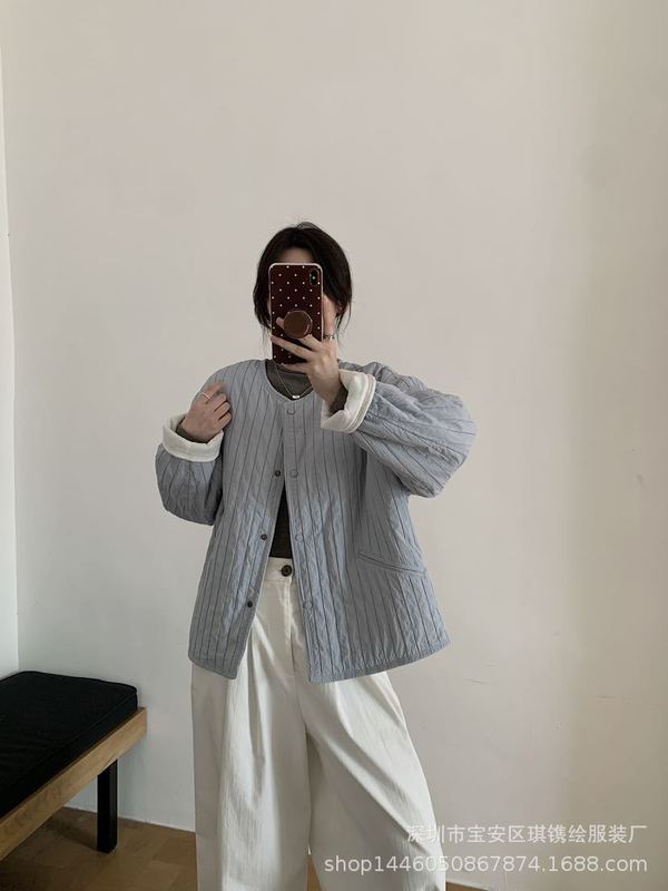 琪镌绘制休闲百搭纯色圆领夹棉长袖外套女冬季新款宽松棉衣93603|undefined