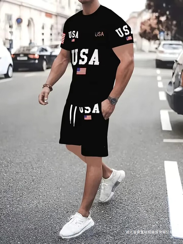 Men's Short Sleeve Shorts 2-Piece Set Oversized American Flag Print T-Shirt Men's Quick-Drying Breathable Elastic Waist Shorts