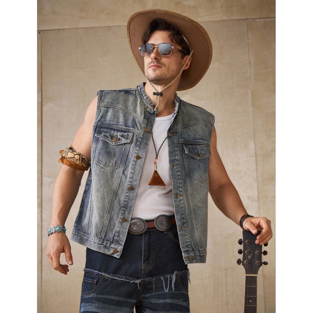 Men's Denim Jacket Style Fashion Trendy Street Short Sleeved Vest Best Selling Item_voghion.com