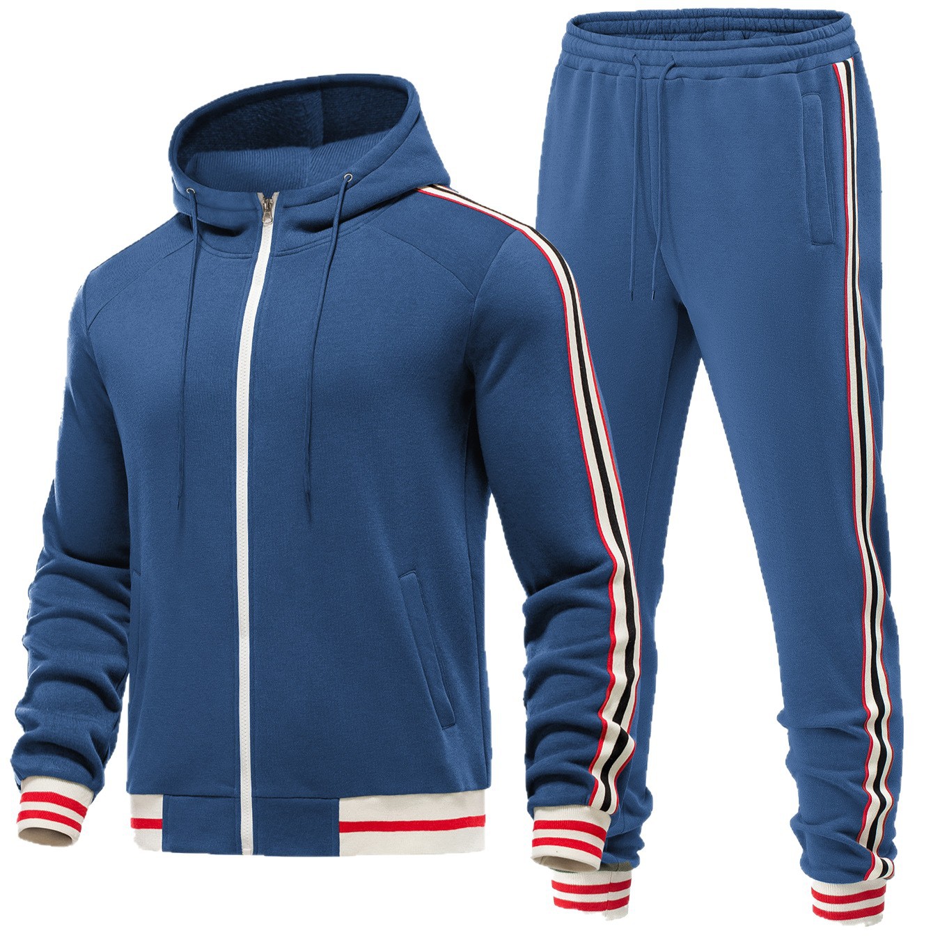 Cross-Border Amazon Same Style Hooded Striped Suit with Zipper Collar Sweatshirt Casual Set Men's High-End Fashion