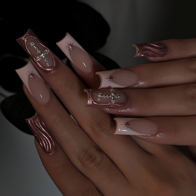 Cross-Border Hot-Selling Rose Gold Gradient French Long Coffin-Shaped Nails with Shiny Cross Rhinestone Decoration, Fashionable and Trendy