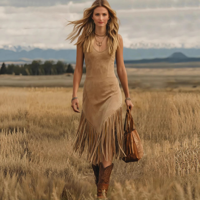 Cross-Border European and American Style Suede Fringe Dress, Sleeveless Slim-Fit Design, Western Cowboy Style Tank Dress