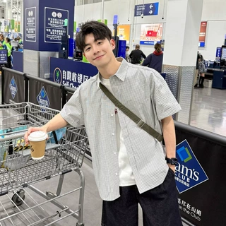 日系格子短袖衬衫男款夏季薄款宽松翻领上衣潮牌痞帅百搭衬衣外套
