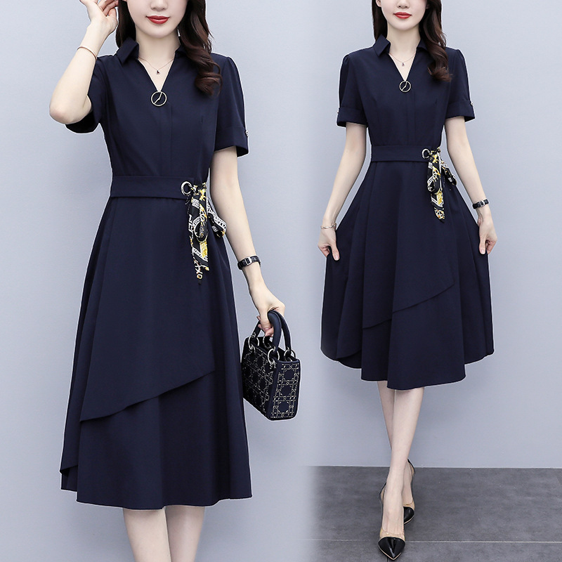 2025新款大码女装时尚修身显瘦遮肚腰带拼接连衣裙