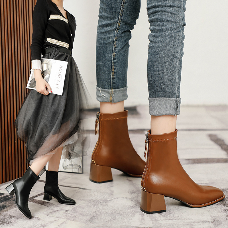 Women's High-Heeled Chunky Heel 2025 Boots, Soft Leather, White, French Square Toe, Autumn and Winter, Fleece-Lined, Mid-Calf, Slim-Fit Boots, Cross-Border, in Stock Women's High-Heeled Chunky Heel 2025 Boots, Soft Leather, White, French Square Toe, Autumn and Winter, Fleece-Lined, Mid-Calf, Slim-Fit Boots, Cross-Border, in Stock
