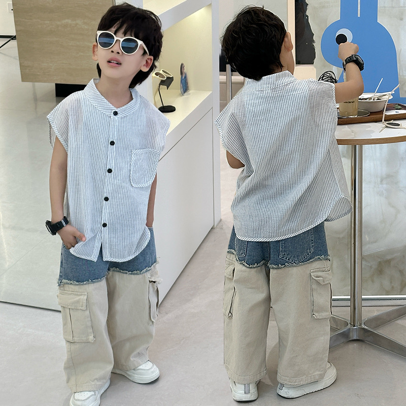 7942 Camiseta de manga corta coreana para niños Verano 2025 Nueva camisa de rayas finas para niños Camisa de chaleco sin mangas