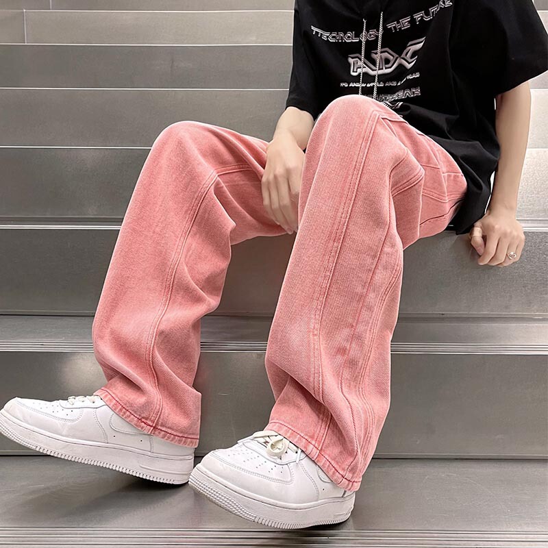 Pink Jeans Men's Straight Pants Internet Celebrity Fashion Brand High Street American Style All-match Trendy Nine-point Draping Loose Pants