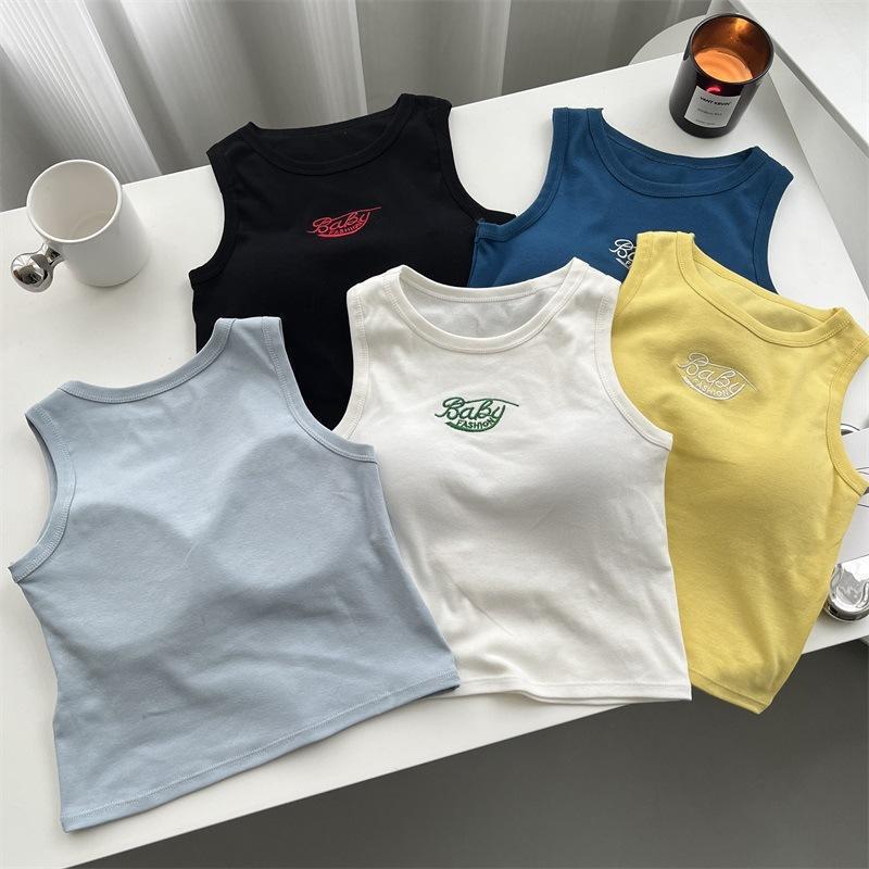 Spicy Girl Korean Version Pure Cotton Embroidered Letter Backless Vest With Chest Pad Anti-Exposure Short Top For Women_ecoleips.com