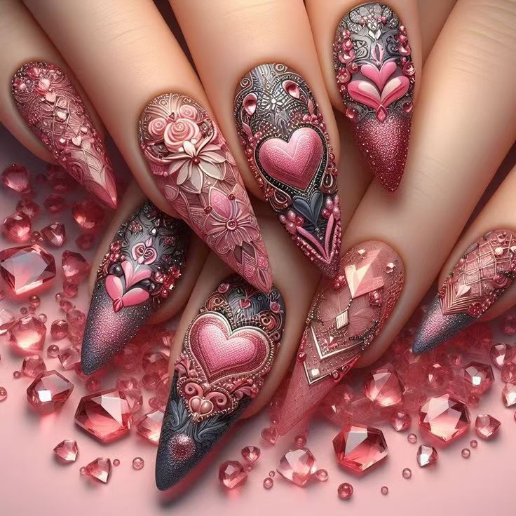 Valentine's Day Extra Long Pointed Pink Almond Manicure Heart Rose Flower Cross-Border Red Pattern Fake Nails Valentine's Day Extra Long Pointed Pink Almond Manicure Heart Rose Flower Cross-Border Red Pattern Fake Nails