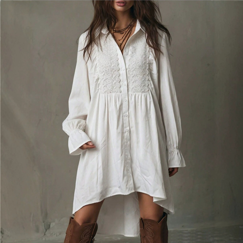 Women's Fashionable Elegant Lace Patchwork Irregular Long Shirt Bohemian Style Long Sleeve Turn-down Collar Autumn Women's Clothing Women's Fashionable Elegant Lace Patchwork Irregular Long Shirt Bohemian Style Long Sleeve Turn-down Collar Autumn Women's Clothing