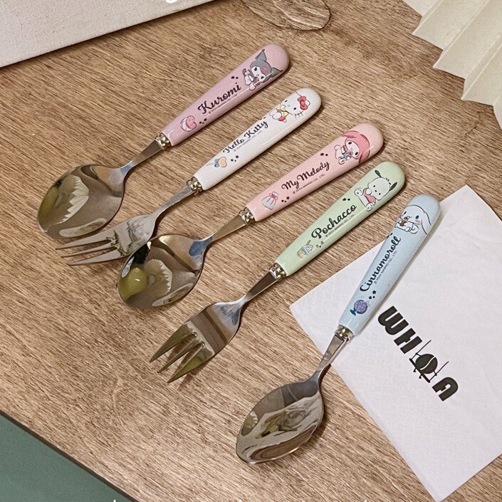 Korean style soup spoon stainless steel high color value kulomi sanrio ceramic spoon student special spoon fork suit
