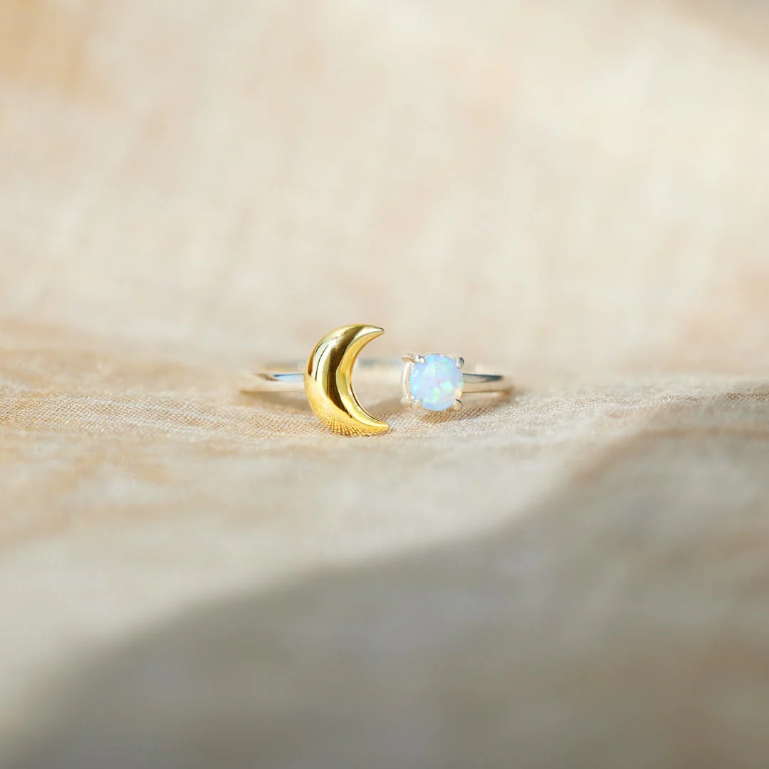 6g Weight Artificial Gemstones Inlay Material Open Rings Classification Adjustable Ring Size 925 Sterling Silver Artificial Gemstones Moon Open Rings