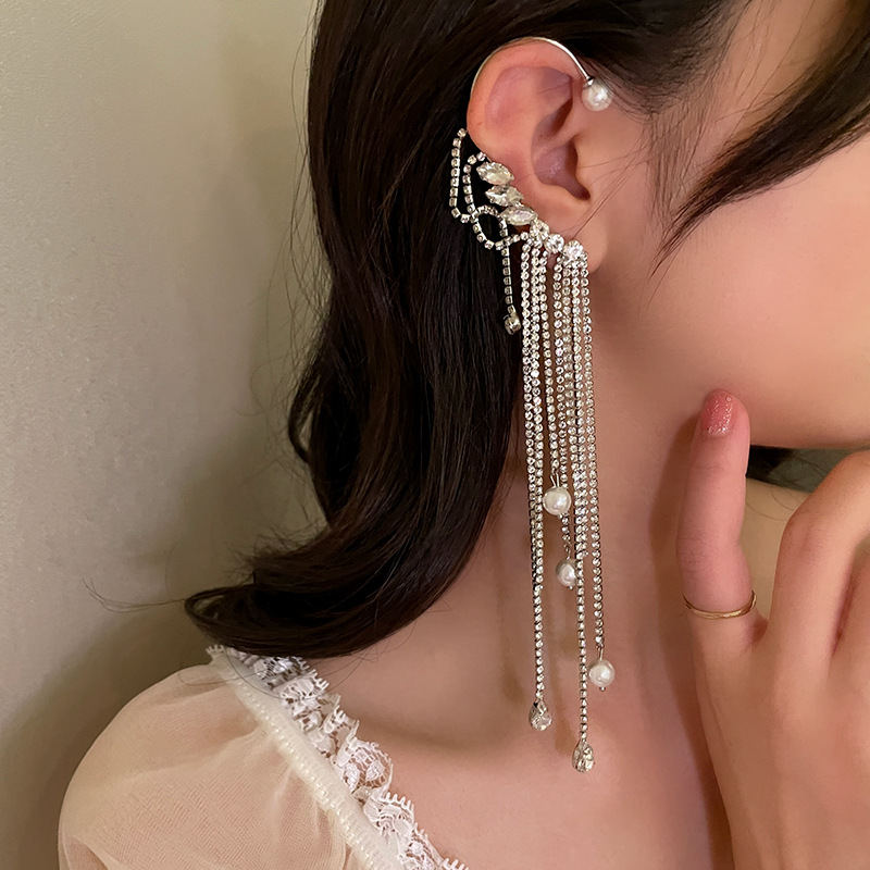 Exaggerated Pearl Rhinestone Tassel Long Earrings European And American Earrings Women display picture 9