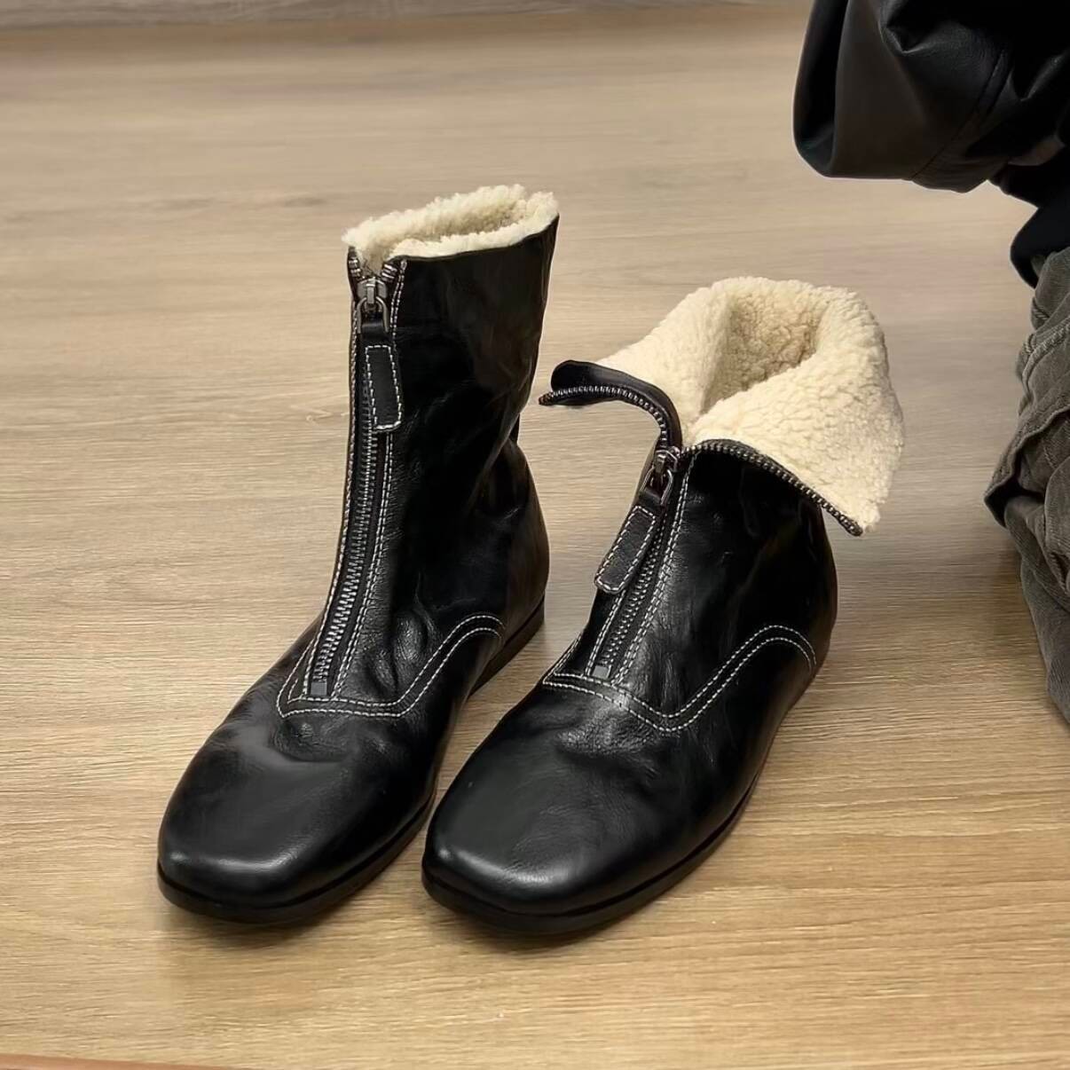 羊皮版冬款复古水洗羊皮羊羔毛短靴内增高加绒保暖皮毛一体拉链靴