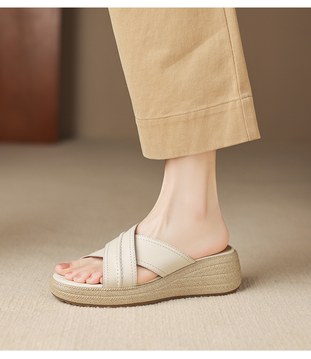Dép sandal nữ quai chéo hở ngón đế dày da cừu — màu trắng ngà chi tiết 13