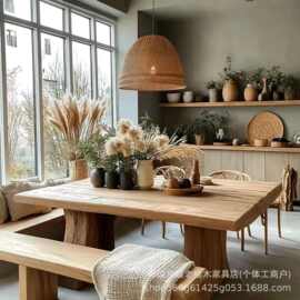 老榆木大板桌自然风化旧木板复古吧台桌家居长方形实木餐桌会议桌