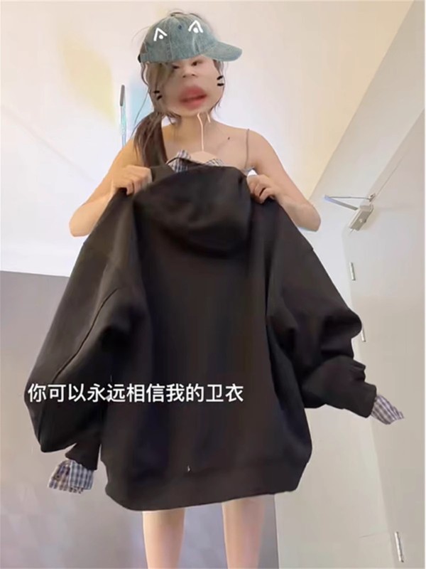 美式复古卡通刺绣棉质学院风连帽卫衣女秋季2025新款宽松百搭帽衫|undefined