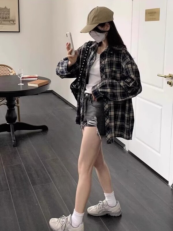 美式复古格子衬衫外套女长袖秋冬新款设计感小众宽松休闲上衣衬衣|undefined