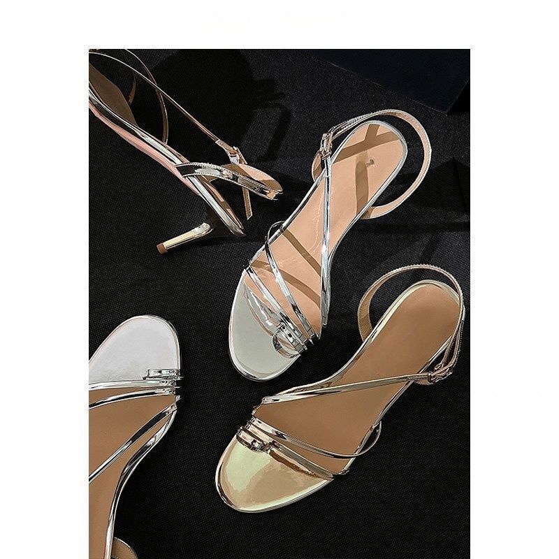 Soft Leather French-Style Silver-Colored Elegant Ladylike Sandals with Skirts, Stunning High-Heeled Stiletto Toe-Strap Sandals for Women in Summer Soft Leather French-Style Silver-Colored Elegant Ladylike Sandals with Skirts, Stunning High-Heeled Stiletto Toe-Strap Sandals for Women in Summer