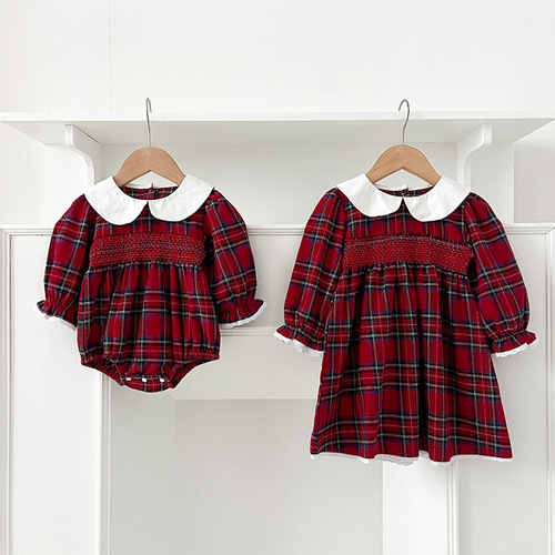 Girls' Christmas Dress for Baby Girls Spring and Autumn Long Sleeve Baby Crawling Suit First Birthday Dress Sister Set