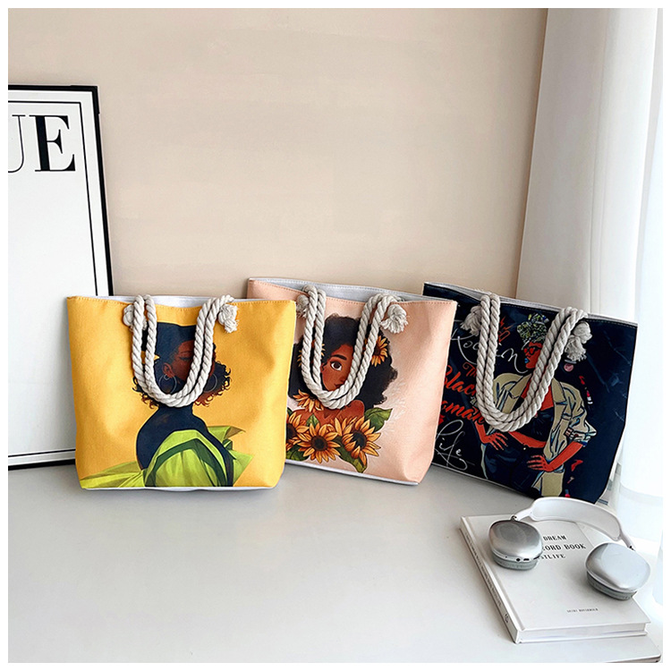 New cross-border tote bag, versatile women's portable shopping bag, creative women's printed aesthetic thick rope beach bag undefined