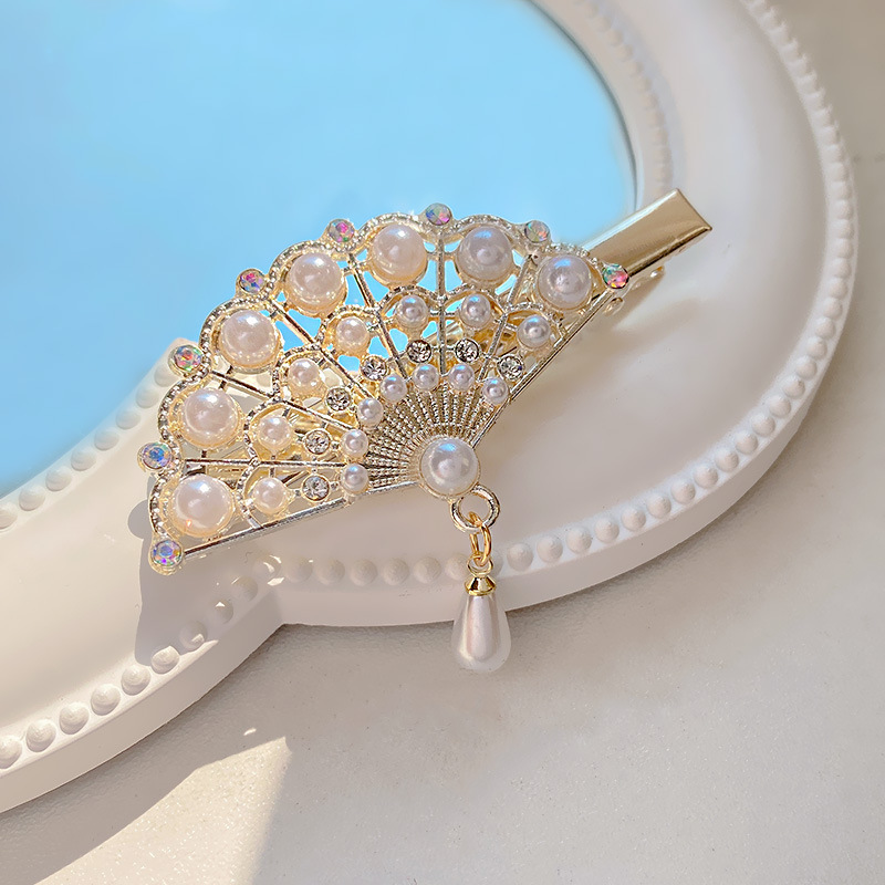 Antique ~ Fairy Beauty Fan Design Side Clip Elegant Retro Elegant Hairpin Pearl Pendant Side Hairpin Headwear Women