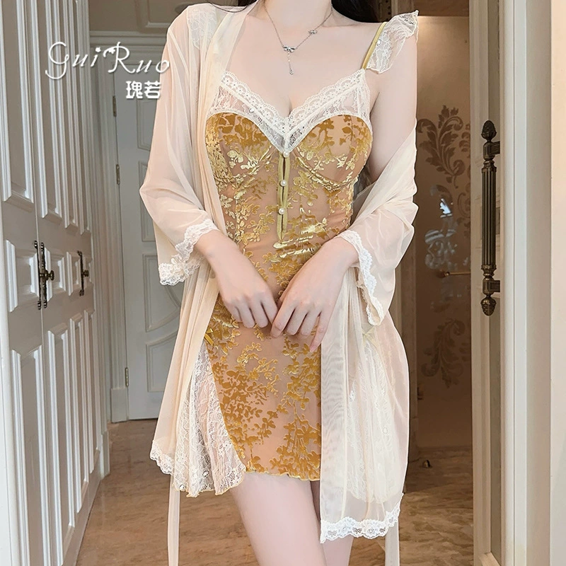 Пижама Velvet sexy, накладки для груди, комплект, плюс размер, стиль легкой роскоши, без спинки