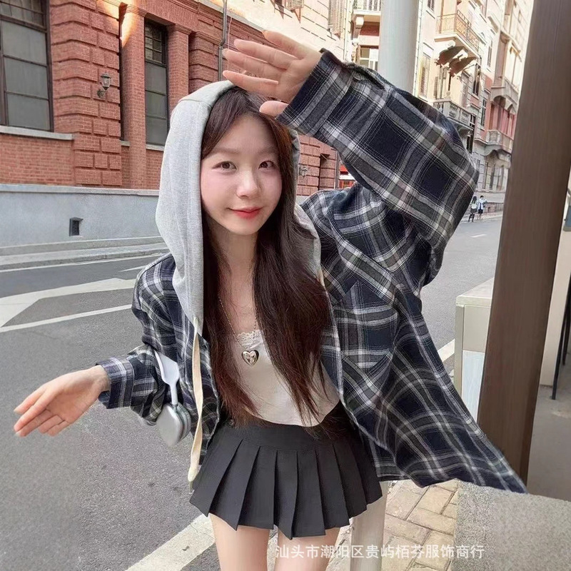 [Factory in stock] Retro Hooded Plaid Shirt Women's New Early Autumn Korean Loose Lazy Style Small Lining