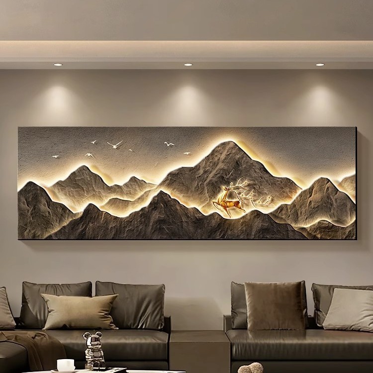 聚宝盆客厅挂画山水画沙发背景墙装饰画背有靠山轻奢高级感壁画灯|undefined