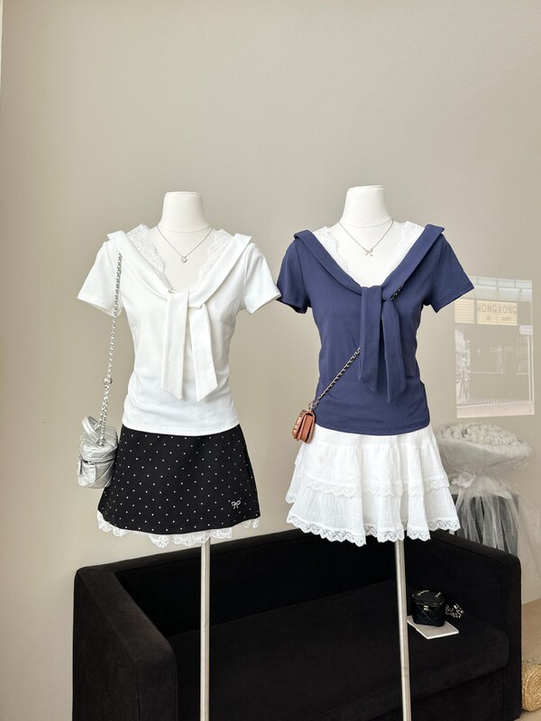 Soft Nautical Style 2026 Summer New Model Patchwork Lace Navy Collar Tie-Front Fitted T-Shirt Soft Nautical Style 2026 Summer New Model Patchwork Lace Navy Collar Tie-Front Fitted T-Shirt
