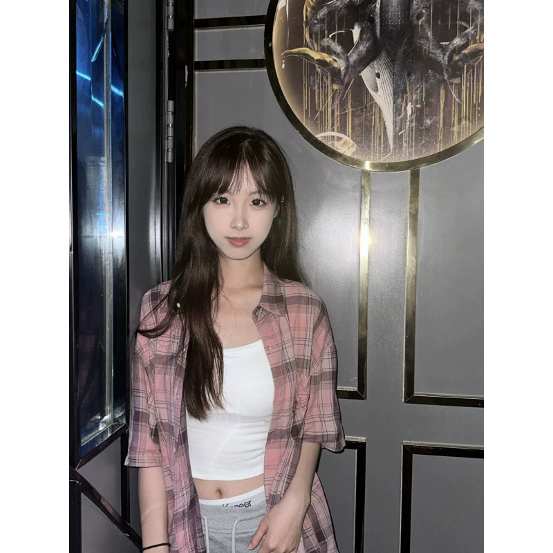 Корейский стиль, ретро, ​​розовая клетчатая рубашка с короткими рукавами в стиле хип-хоп для женщин, осенне-летняя свободная универсальная рубашка для пары большого размера