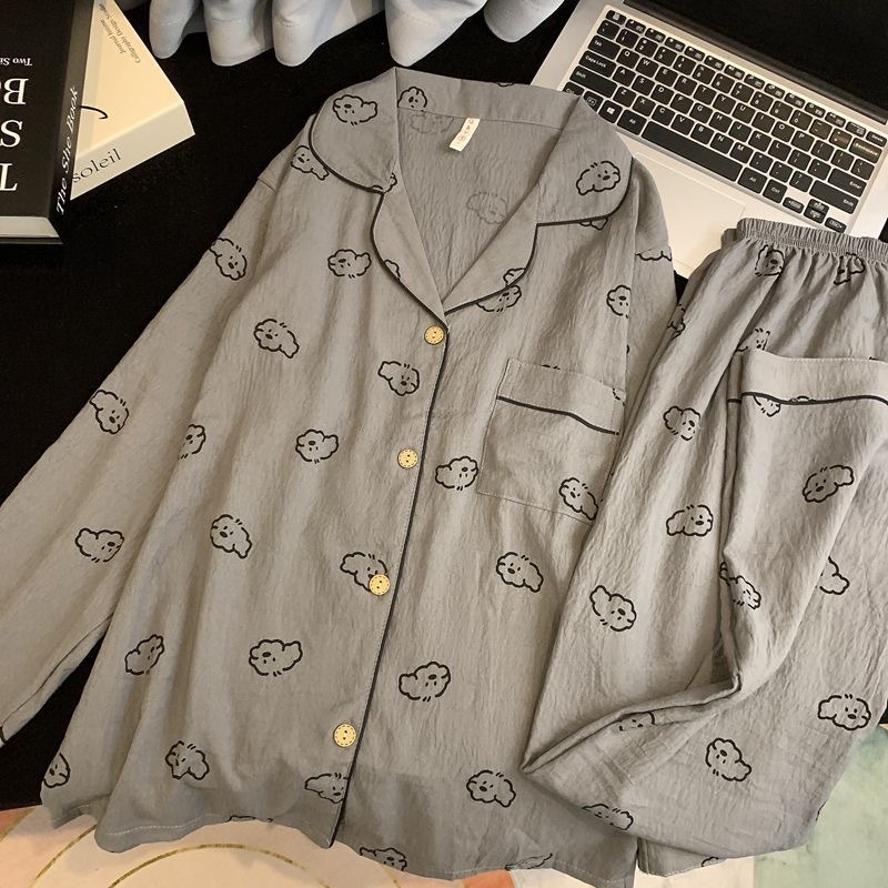 Pajamas Men's Spring & Fall Long-Sleeved Cloud Cotton Home Clothes Cartoon Puppy Simple Loose Casual Cardigan Suit Winter