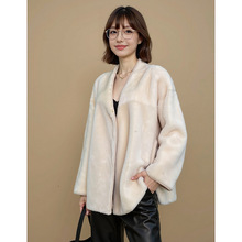 『浮岛冰川』天然美利奴裘皮皮毛一体中长款V领浴袍大衣冬日外套