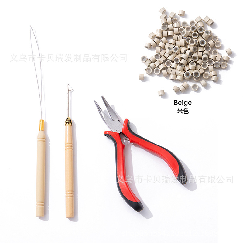 빨간색 펜치 + 나무 코바늘 + 나무 실꿰기 + 머리 연장 링 1000개(베이지색)