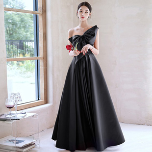 European and American Black Evening Dress 2025 New Spring and Summer Satin Elegant Company Annual Meeting Banquet Dress