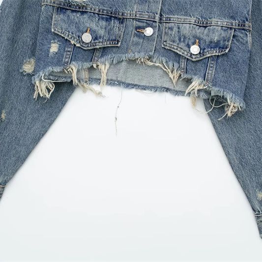 Women's Clothing Retro Collared Long Sleeved Denim Jacket Distressed Details Trendy Short Top For Autumn_voghion.com