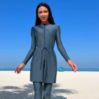 Новый консервативный ближневосточный сплошной цвет длинные брюки с длинными рукавами солнцезащитный пляжный купальник из трех частей