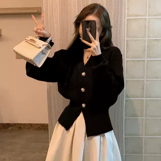 法式黑色小香风毛衣开衫女秋冬设计感小众收腰气质针织外套上衣女