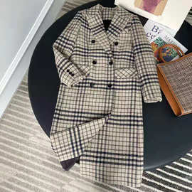 深圳南油原单工厂私渠英伦风格子羊毛呢大衣女中长款加厚呢子外套