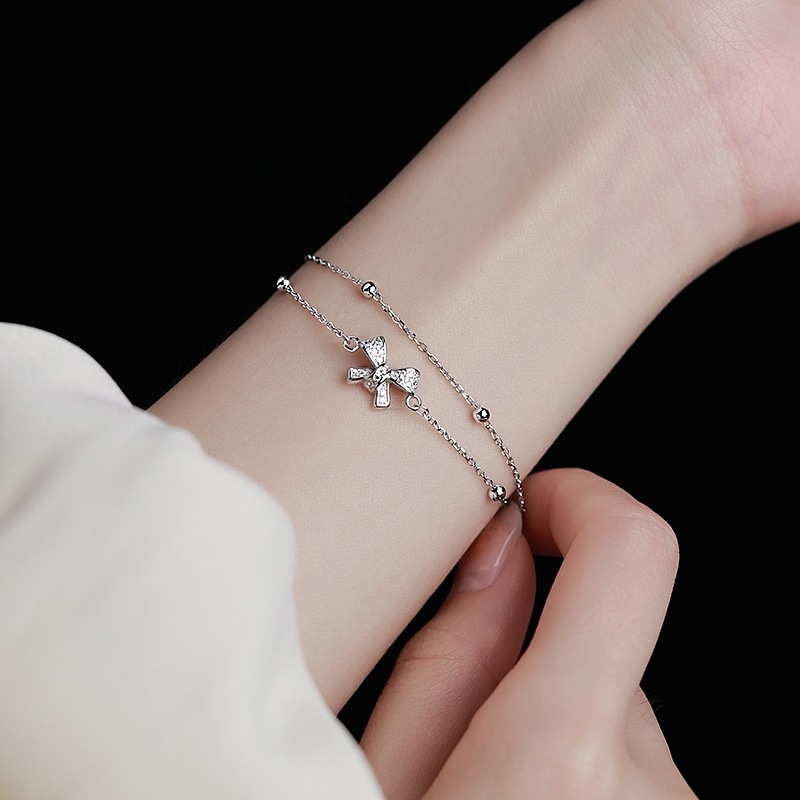 Bow Double Layer Bracelet Women's Fashionable Simple Niche Design Ribbon Round Bead Chain Bracelet Exquisite Light Luxury Bracelet