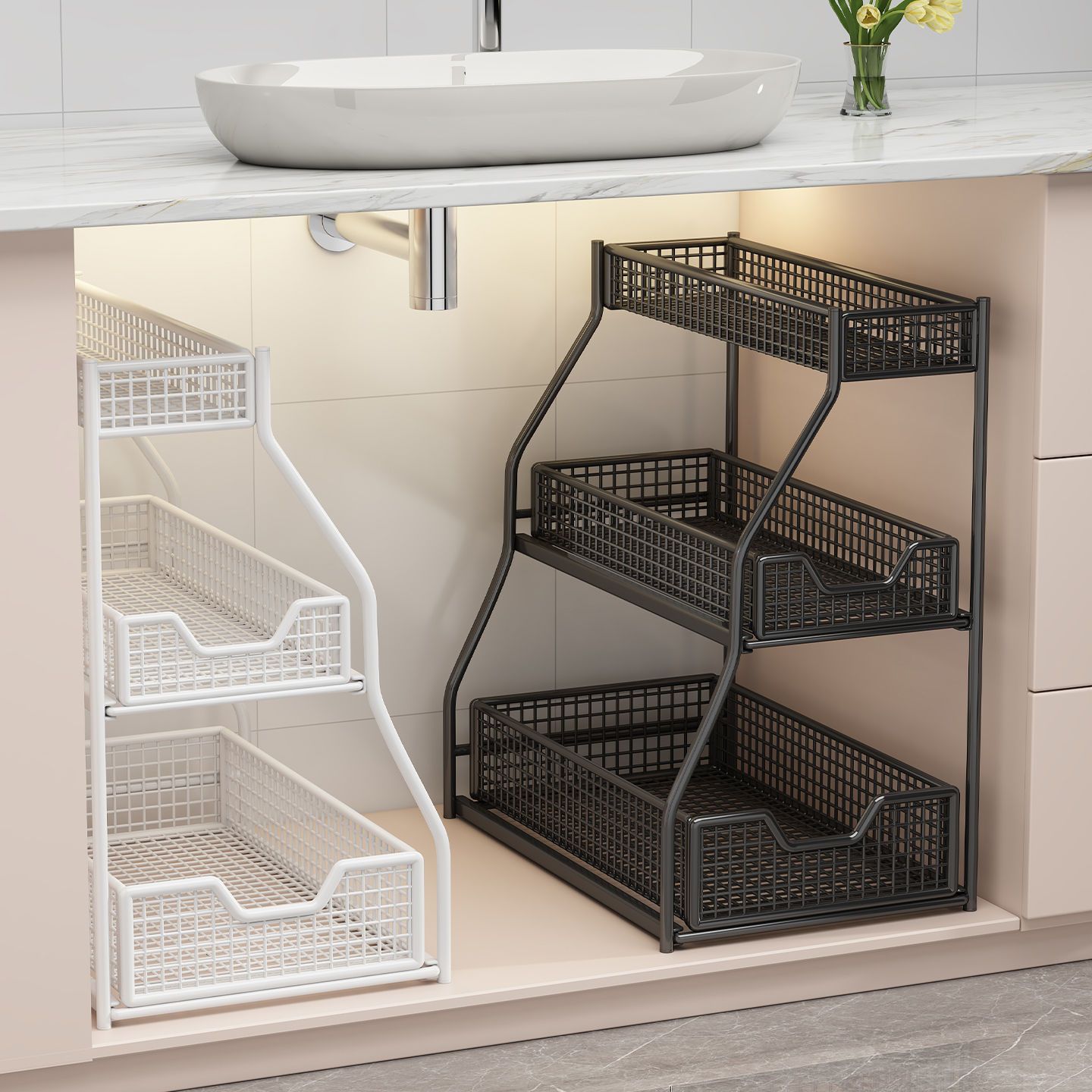 Bathroom Pull-Out Storage Rack Bathroom Sink Built-In Storage Rack Floor-Standing Telescopic Three-Layer Storage Rack