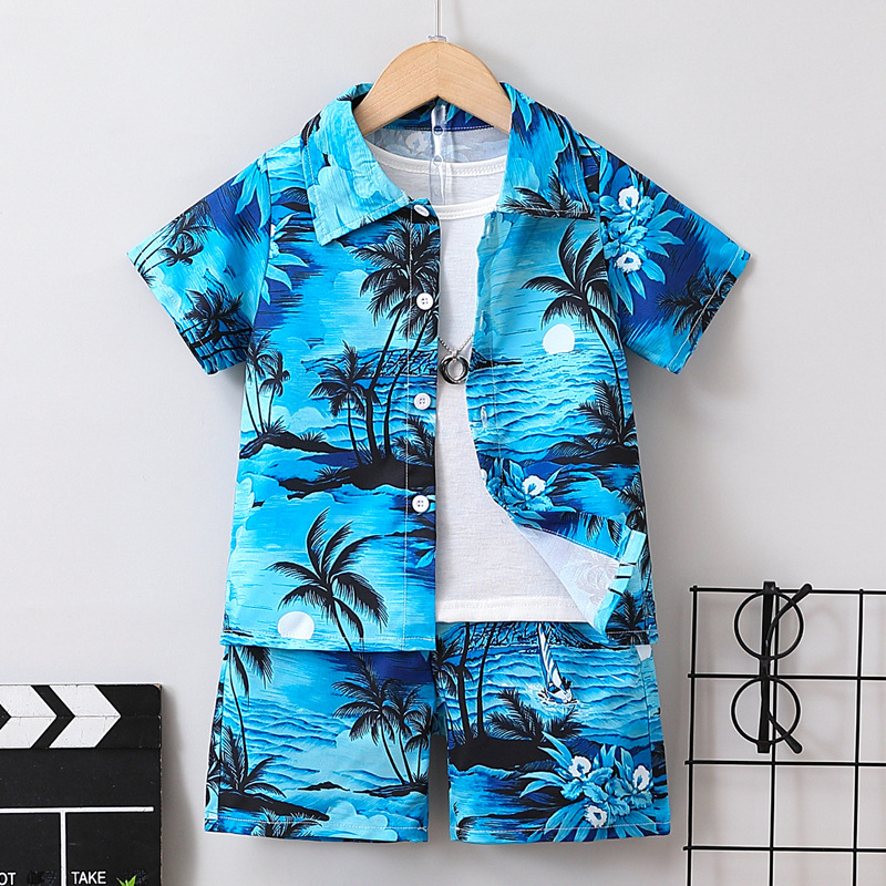 Boy's Summer Beach Short-sleeved Lel Cardigan Top Shorts suit Children's Summer Dress Color Shirt Shorts Two Pieces