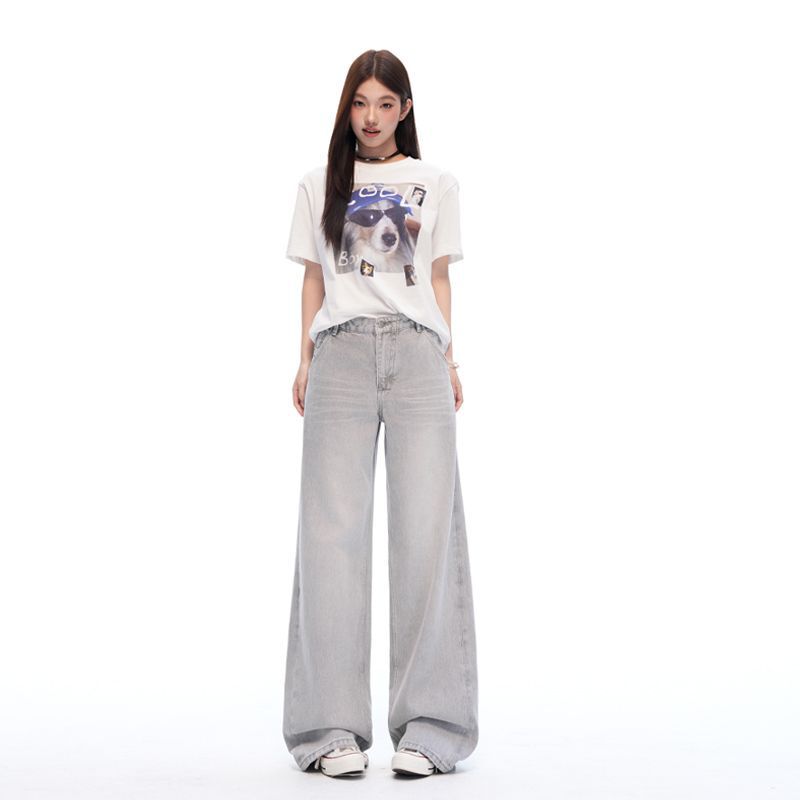 2026 Spring and Summer New Style Gray-White American Retro High-Quality Cotton Distressed Wide-Leg Jeans for Women Jeans Women 2026 Spring and Summer New Style Gray-White American Retro High-Quality Cotton Distressed Wide-Leg Jeans for Women Jeans Women