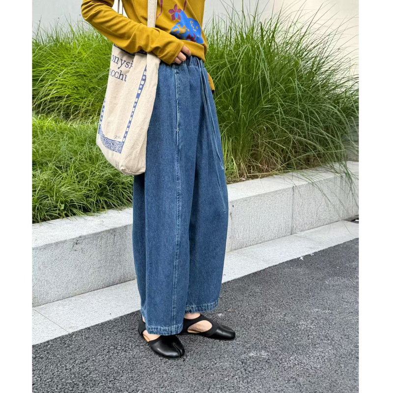 In stock minimalist style split balloon pants for women, elastic waist drawstring denim wide-leg pants, loose casual lantern pants for autumn